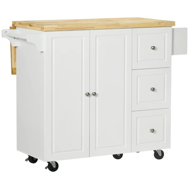 Utility Kitchen Island Cart with Drop-Leaf Top & Cabinet Storage - White