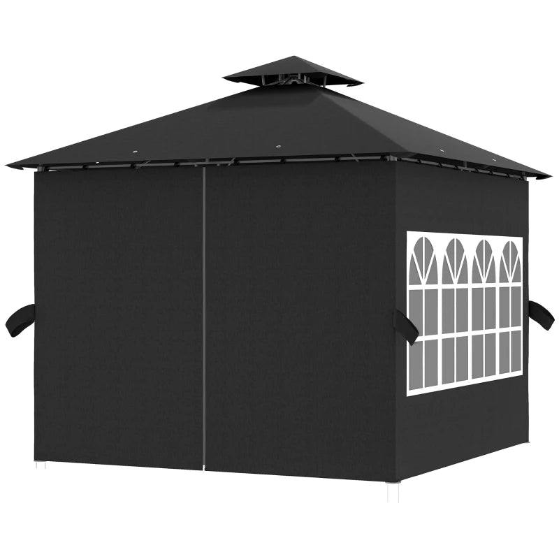 Metal Garden Gazebo with Double Roof and Removable Sidewalls, Church Windows, Black, 3x3m