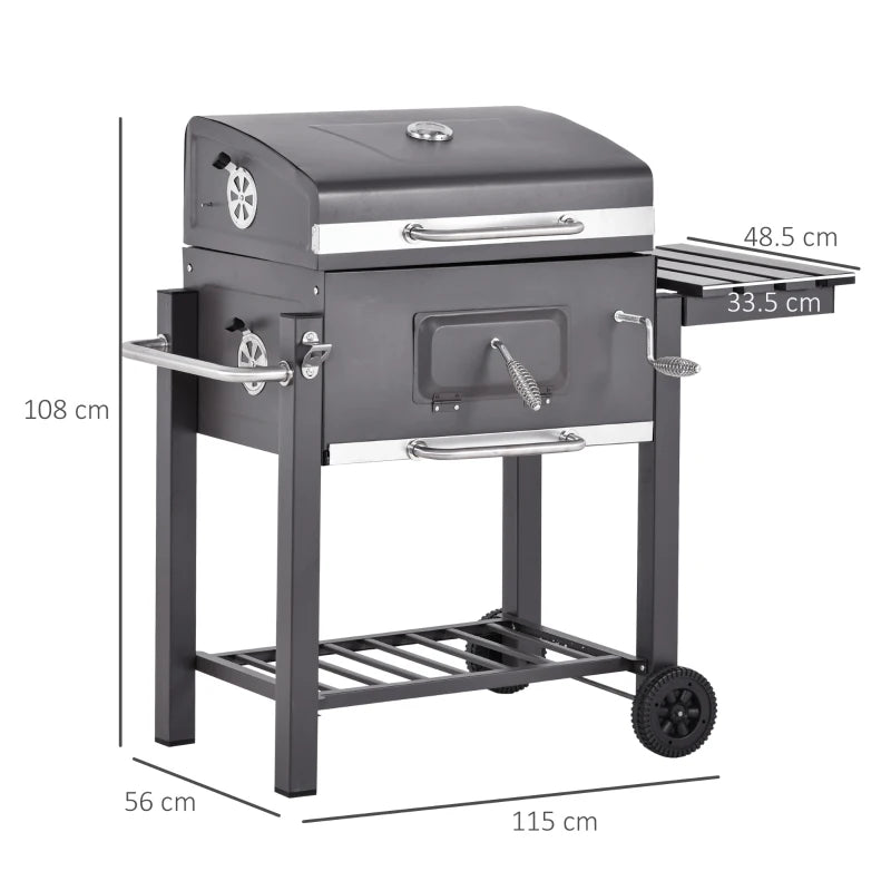 Charcoal Grill BBQ Trolley with Adjustable Grate, Side Table, Wheels & Built-in Thermometer