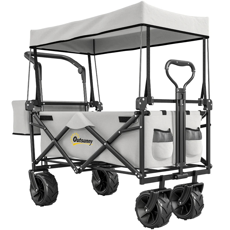 4-Wheel Folding Storage Wagon with Handle and Canopy, Ideal for Camping and Beach, Grey