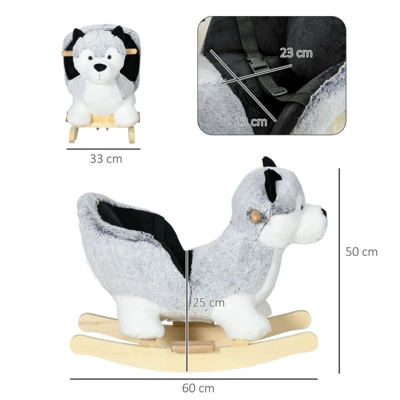 Toddler Rocking Horse in Grey Husky Plush with Sounds and Seatbelt, Ages 18-36 Months