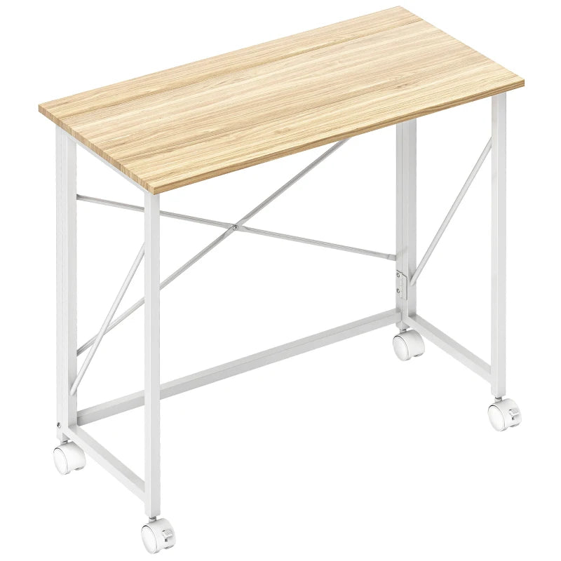 Folding Desk on Wheels – 80cm, Natural Wood Finish