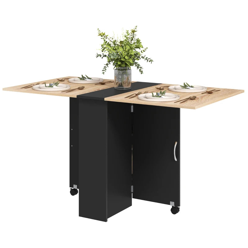 Folding Dining Table with Oak Top, Drop Leaf & 2 Shelves on Casters