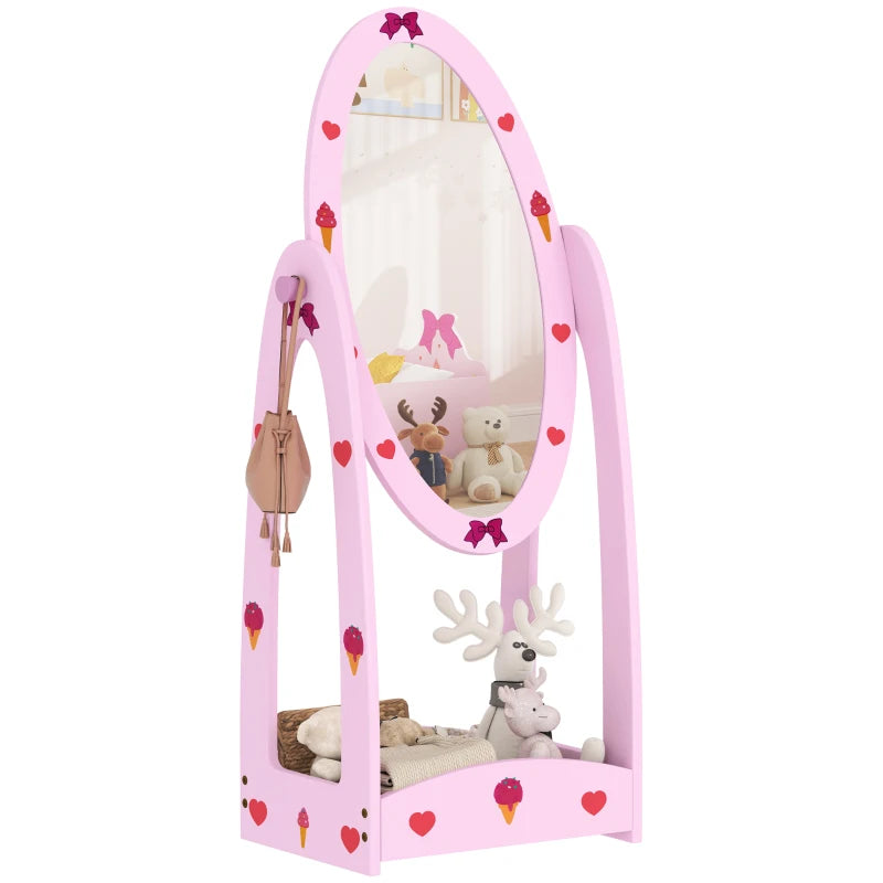 Pink 360° Rotating Kids Mirror with Storage Shelf, Full-Length