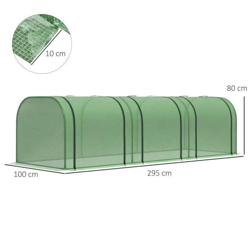 Mini Polytunnel Greenhouse with Zipped Doors & Steel Frame – 295x100x80cm, Green