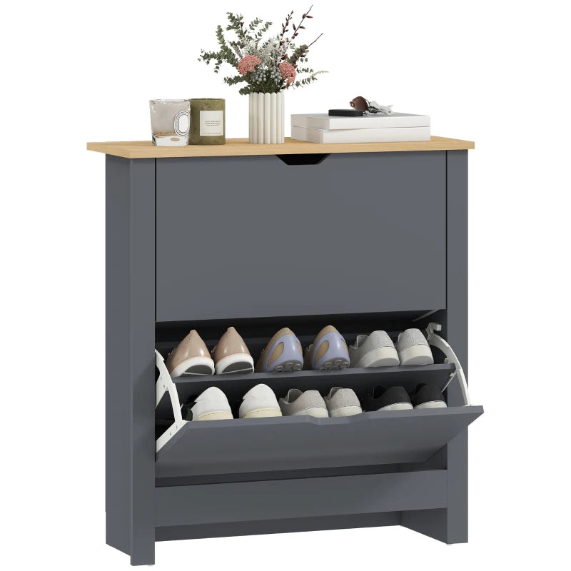 Charcoal Grey Slim Shoe Cabinet – Holds 12 Pairs, 2 Flip Drawers