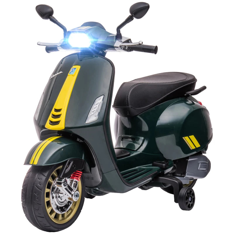 12V Kids Ride-On Scooter with FM Radio, Headlights & Music – Vespa Style, Green