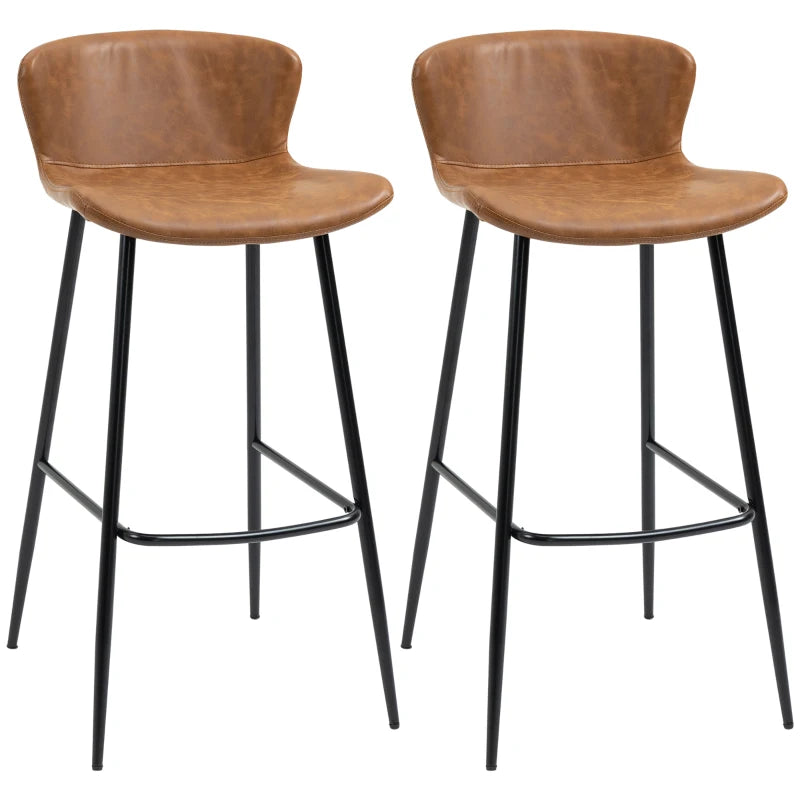 Bar Stools Set, PU Leather, Steel Legs & Footrests, Brown (2pcs)
