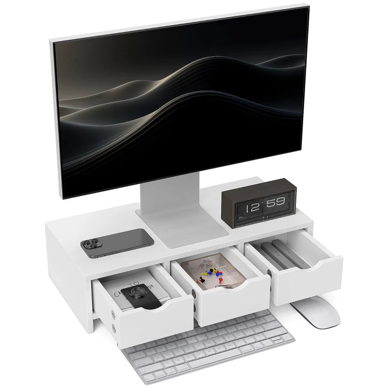 White Monitor Riser – 3 Drawers for Laptop & PC, 51x24x13cm