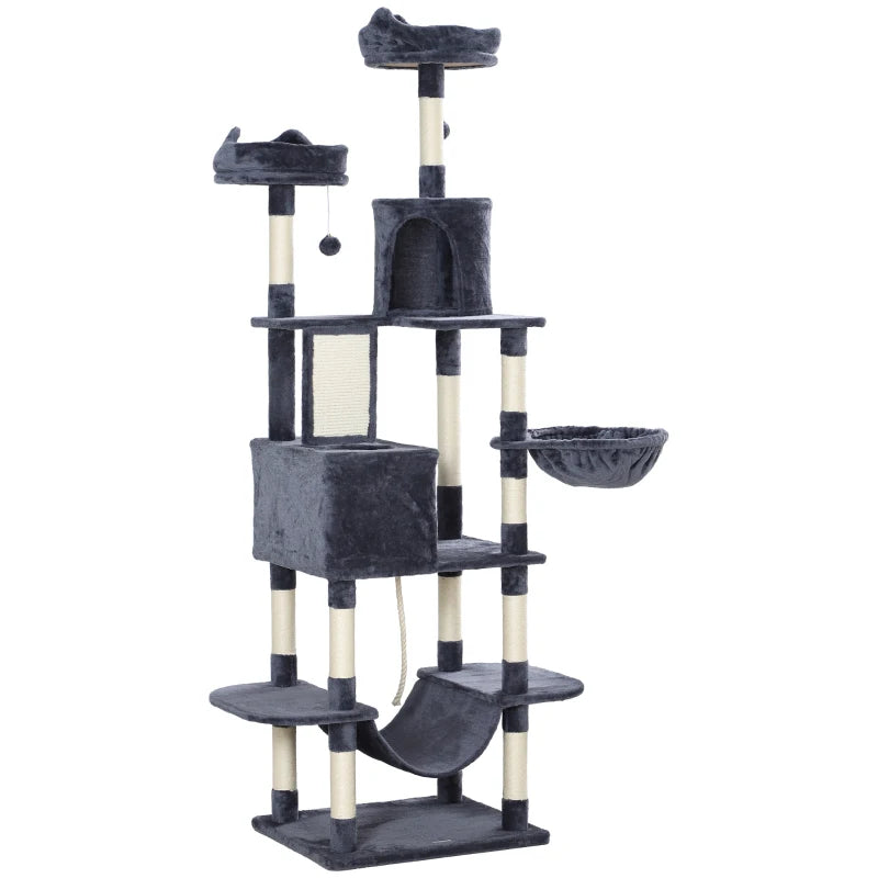 Dark Grey Multi-Level Cat Tree 206cm with Scratching Posts & Toys