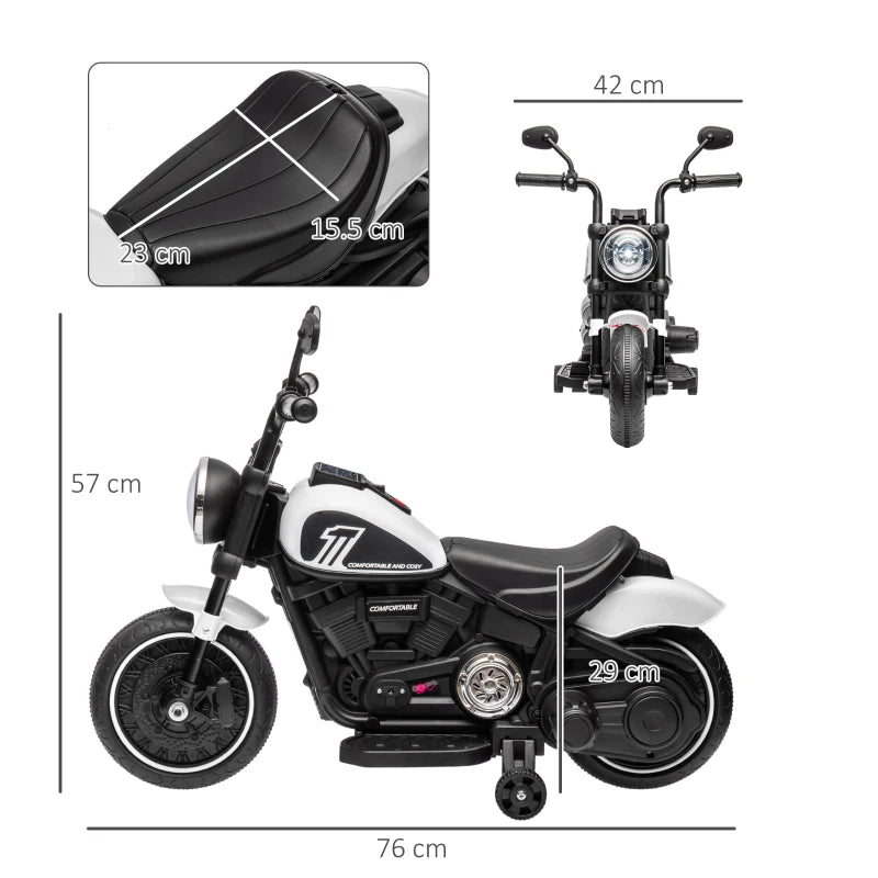 Electric Motorbike for Kids 6V with Training Wheels and Simple One-Button Start – White
