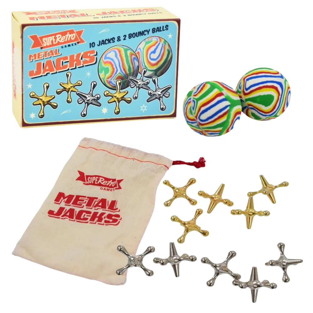 Traditional Retro Classic Games Set Glass Marbles Metal Jacks & Tiddlywinks