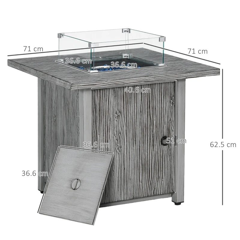 Patio Gas Fire Pit Table with Glass Screen, Cover & 50,000 BTU Output, Grey 71cm