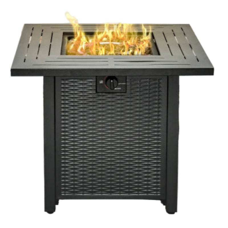 Black Rattan Gas Fire Pit Table with Protective Cover, Lava Rocks & Lid, 40,000 BTU, 71x71x62cm