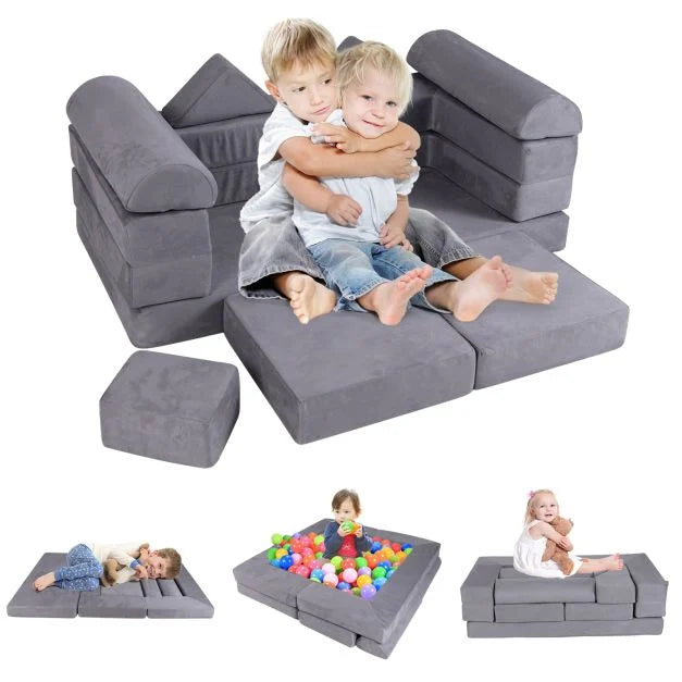 Kids 9-Piece Modular Play Couch – Soft Breathable Suede Design