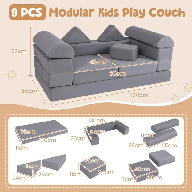 Kids 9-Piece Modular Play Couch – Soft Breathable Suede Design