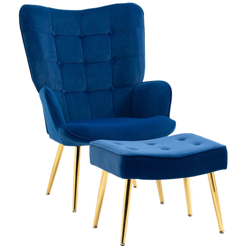 Dark Blue Velvet Armchair with Footstool, Steel Legs, Wingback