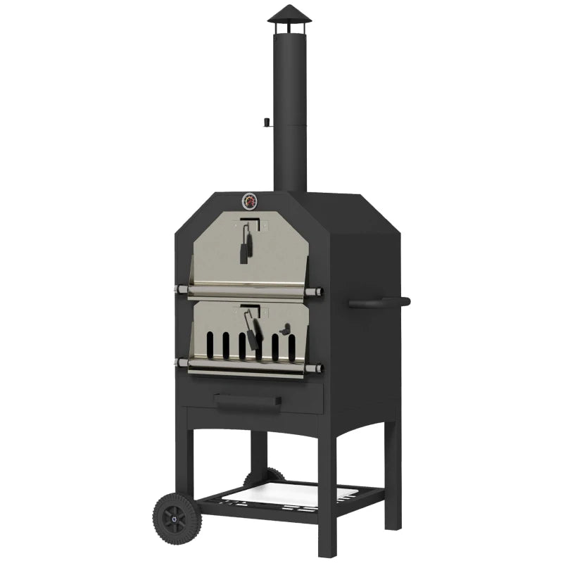 Charcoal BBQ Grill and 3-Tier Steel Outdoor Pizza Oven with Sleek Black Design