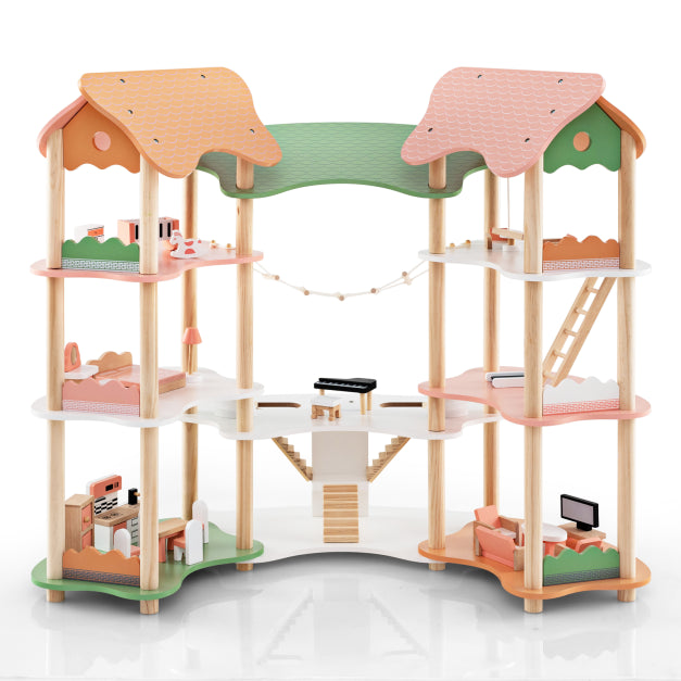 Wooden Multi-Layer Dollhouse Playset with 7 Rooms for Kids’ Fun
