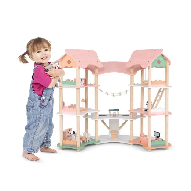 Wooden Multi-Layer Dollhouse Playset with 7 Rooms for Kids’ Fun