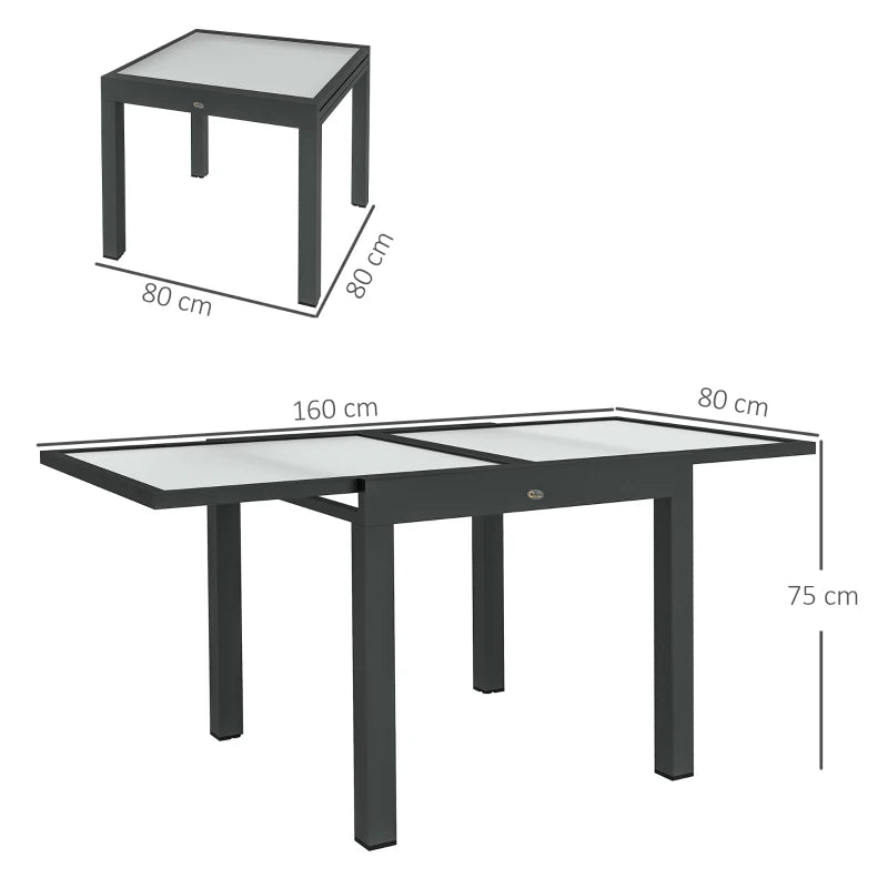Modern Extending Garden Table with Aluminium Frame and Tempered Glass, 80/160x80x75cm