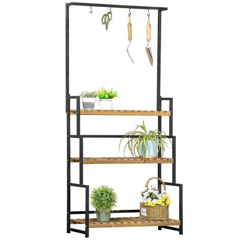 3-Tier Flower Rack Shelf with Hanging Hooks – Perfect for Porch, Balcony, Bedroom