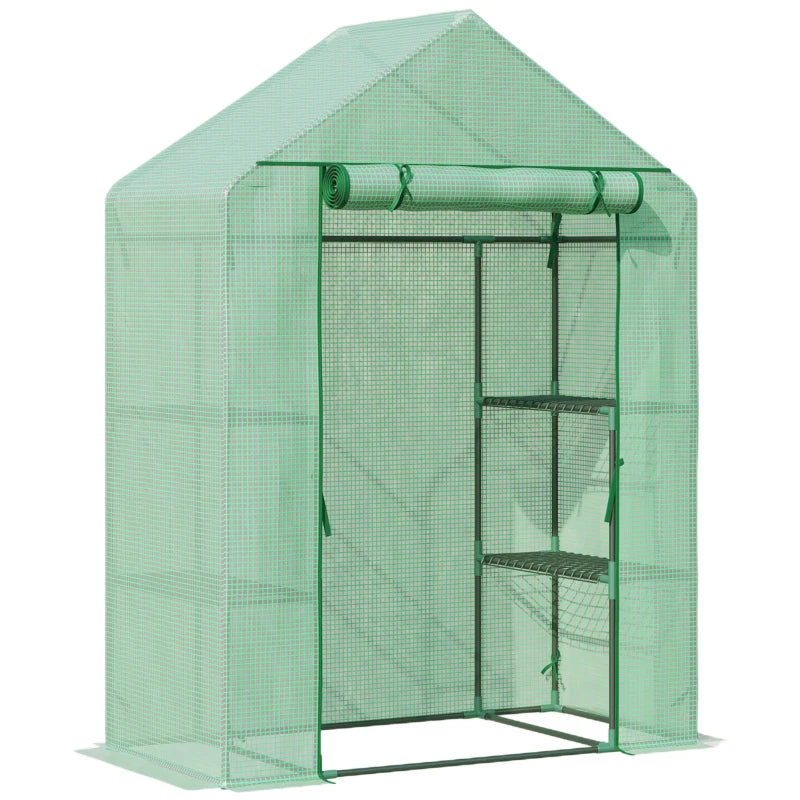 Walk-In Portable Greenhouse with 2-Tier Shelves Zippered Door & PE Cover Green 141x72x191cm