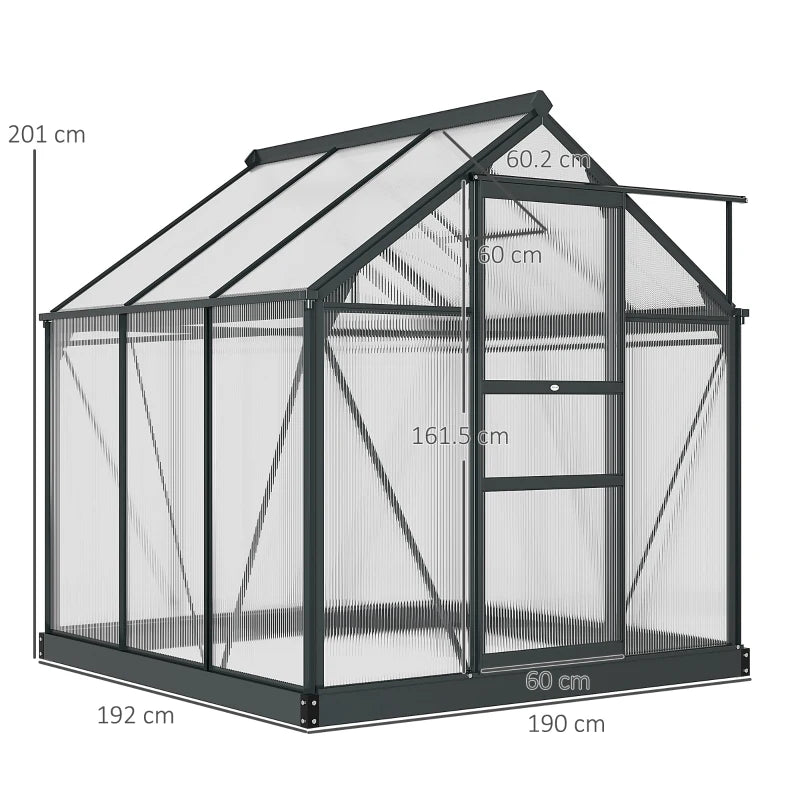 Walk-In Polycarbonate Greenhouse with Sliding Door & Window, 6x6ft Aluminium Frame, Grey