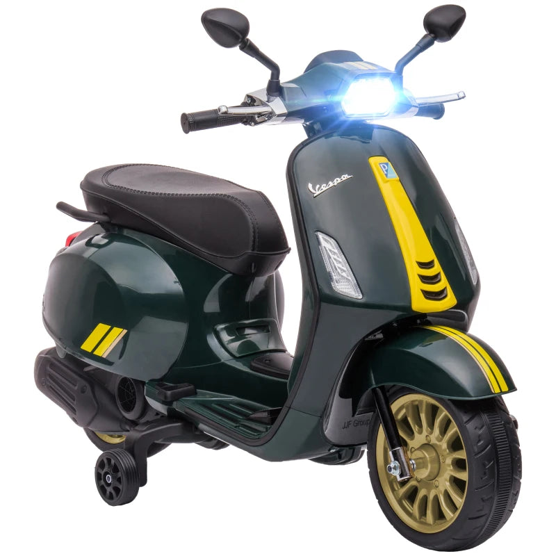 12V Kids Ride-On Scooter with FM Radio, Headlights & Music – Vespa Style, Green
