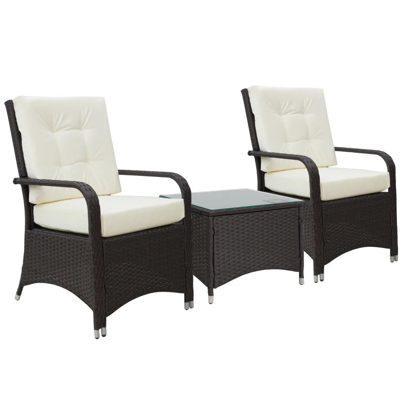 Cream White Wicker Bistro Set with Glass Coffee Table, Cushions & Cover 3-Piece Outdoor Furniture