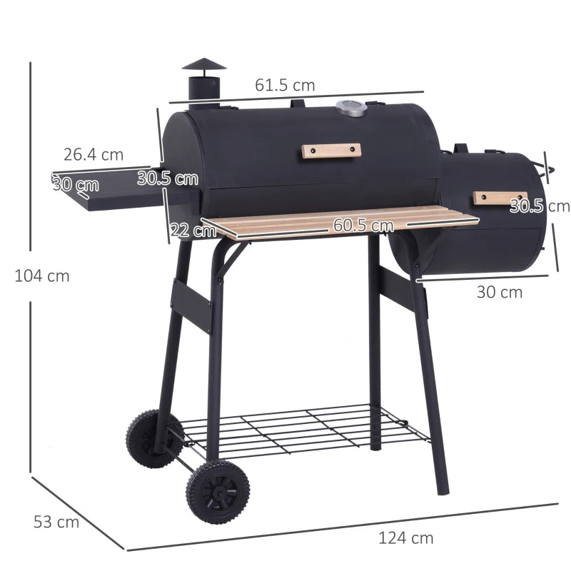 Portable Charcoal BBQ Grill with Solid Wood Accents, Cold-Rolled Steel Black, 104x124x53cm