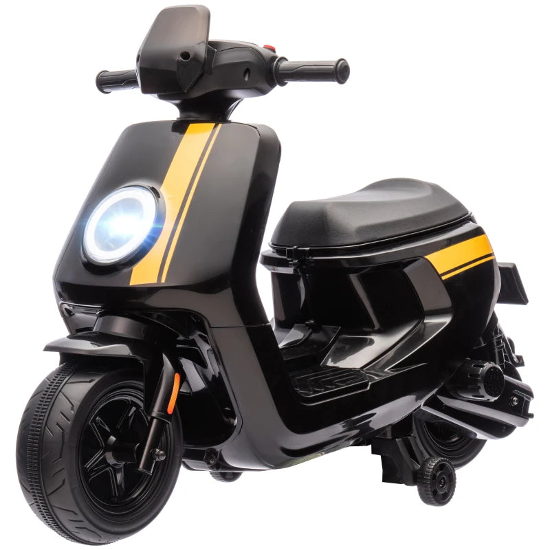 Black 6V Electric Ride-On Motorbike for Kids with Headlights, Music & Training Wheels