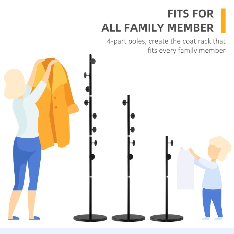 Black Freestanding Coat Rack with Marble Base & 8 Disc Hooks for Entryway