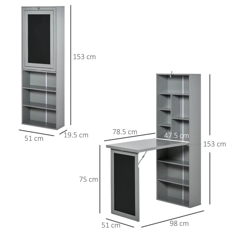 Grey Convertible Desk with Side Shelf & Blackboard – Folding Design