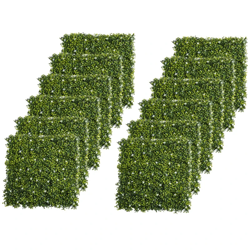 Grass Privacy Fence Panels with Artificial Boxwood and Flowers for Home, 12PCS 50x50cm
