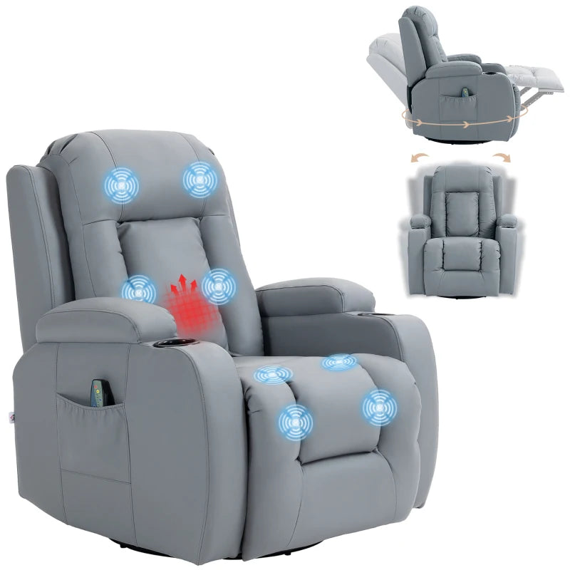 Recliner Armchair, Massage & Heat, PU Leather, Swivel Rocker – Grey