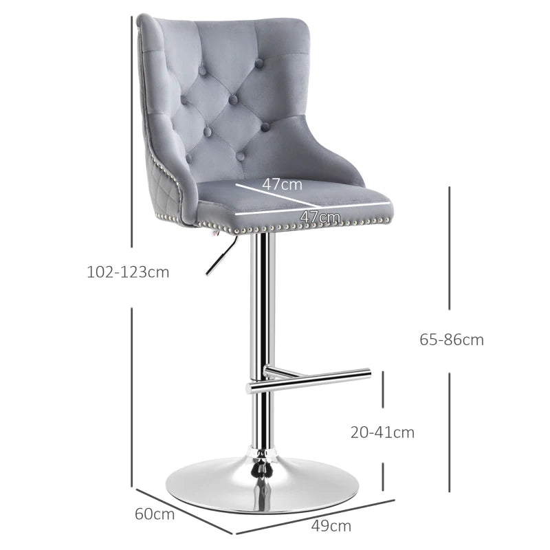 Bar Stools Set of 2, Tufted Swivel Velvet Chairs, Grey