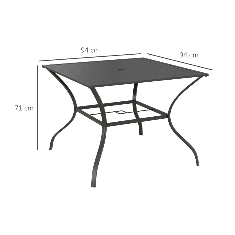 Dark Grey Outdoor Dining Garden Table for Four with Parasol Hole, Slatted Metal Top 94 x 94 cm