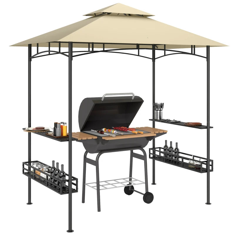 Patio BBQ Gazebo Canopy with Double Tier & Side Storage Shelves, Grill Shelter, 8x5ft