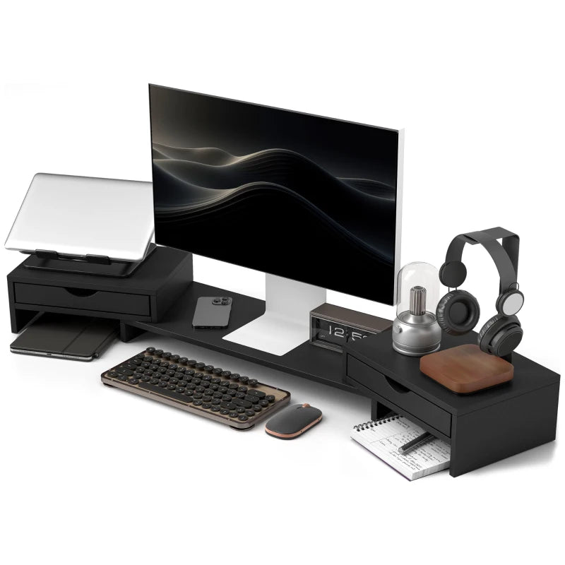 Black Dual Monitor Stand with Adjustable Angle & Drawers