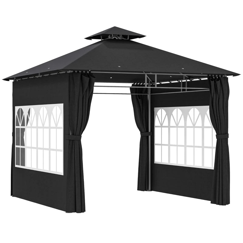Metal Garden Gazebo with Double Roof and Removable Sidewalls, Church Windows, Black, 3x3m