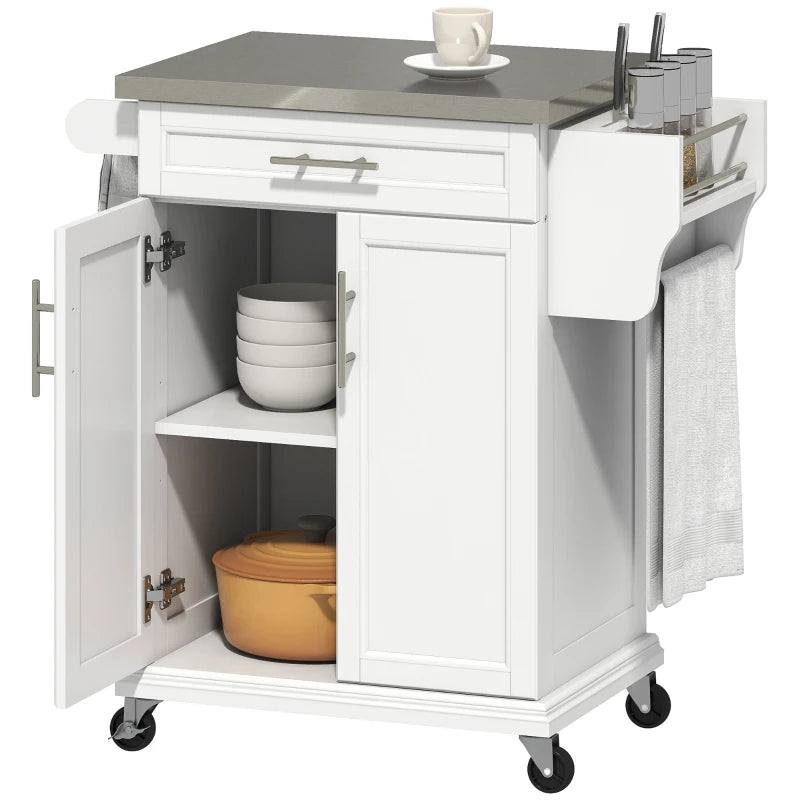 Kitchen Cart on Wheels with Rack, Drawer & Steel Top – White