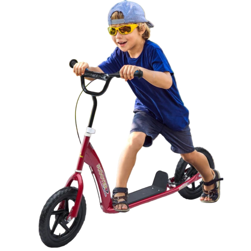 Kids Kick Scooter with 12" EVA Tyres, Rear Brake & Big Wheels – Ages 5-12 – Red