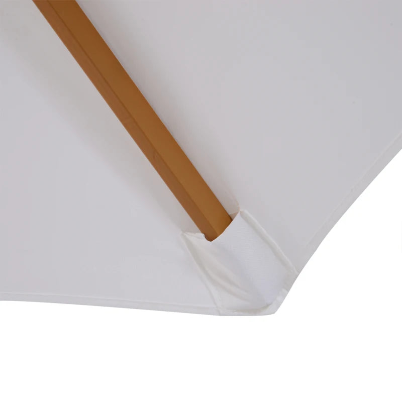 Pulley-operated cream white parasol with wooden table and 8 ribs for outdoor use – 3m