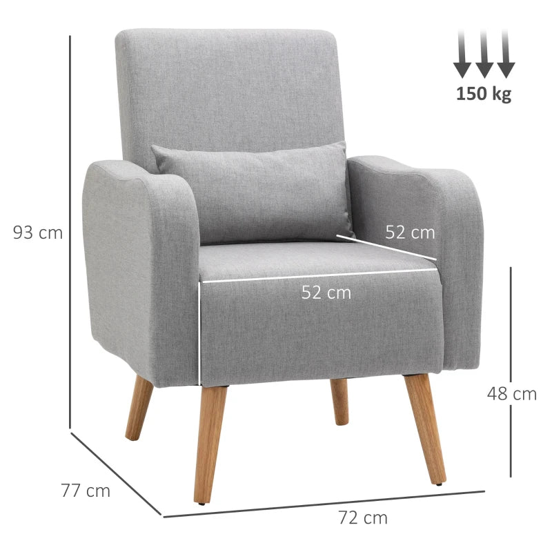 Linen-Feel Accent Armchair with Pillow & Wooden Frame – Grey