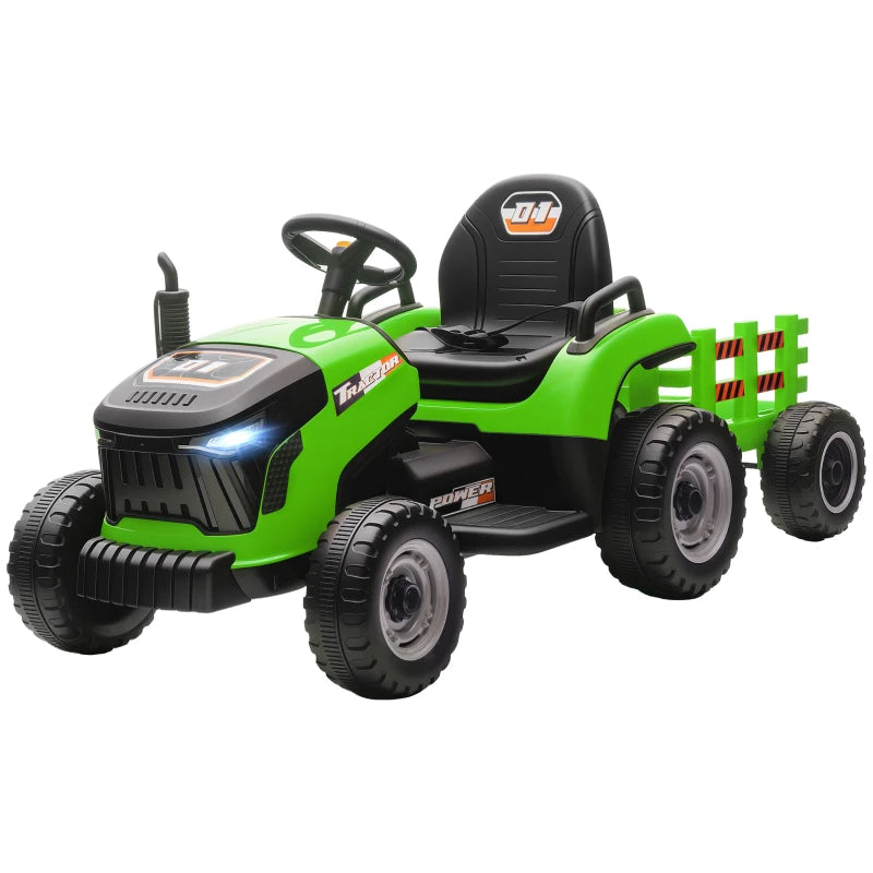 Ride-On 12V Tractor with Trailer, Remote Control, Music, and Shifter for Kids 3-8 Years