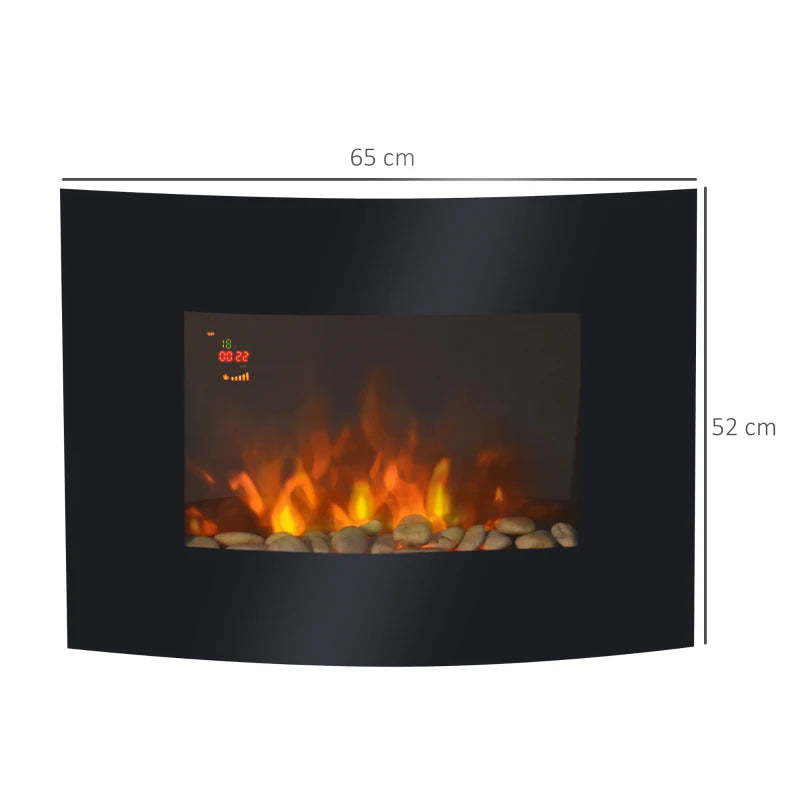 Curved Glass Wall Fireplace with LED Lights, 900/1800W, 65x52cm