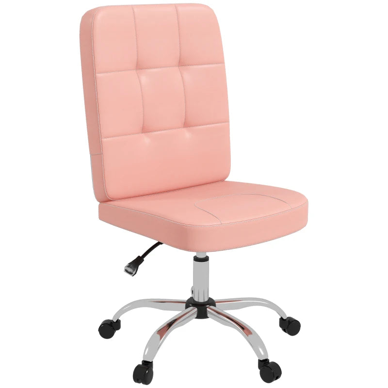 Pink Swivel Office Chair – Armless, Faux Leather