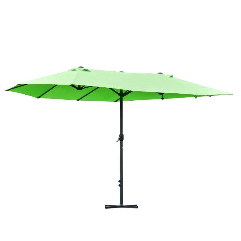 Sturdy green sun umbrella with double-sided crank and cross base for easy use 4.6m