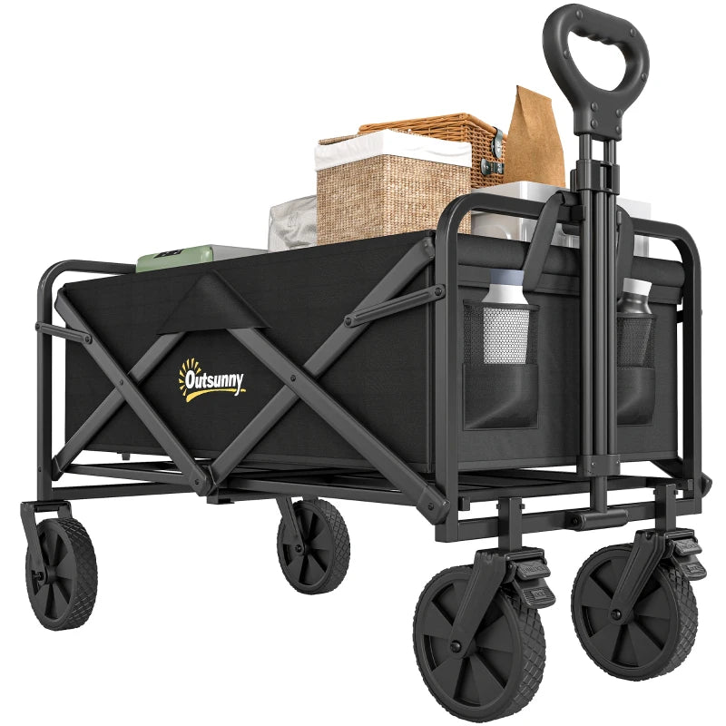 Folding Steel Garden Storage Cart with Wheels and Handle – Black Outdoor Utility Wagon